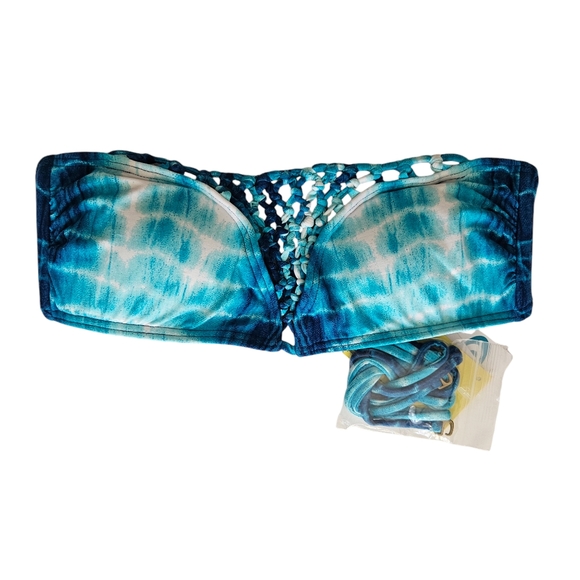 NWT RIP CURL Tie Dye Lattice Bikini Bandeau Strapless Top Turquoise Blue - Picture 3 of 5